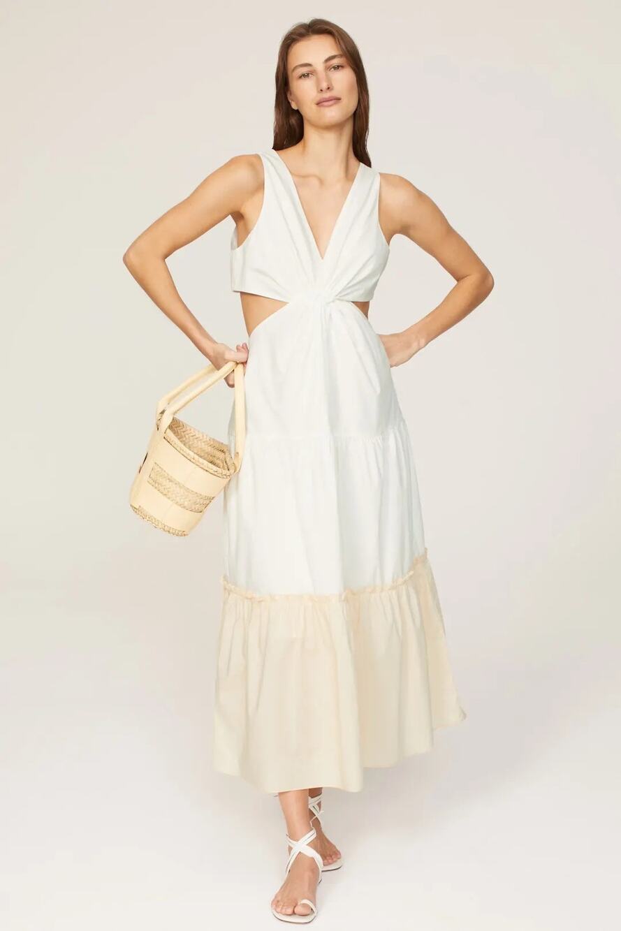 Endless Rose Twist Front Dress Sleeveless Cutout Midi White Cream Colorblock M